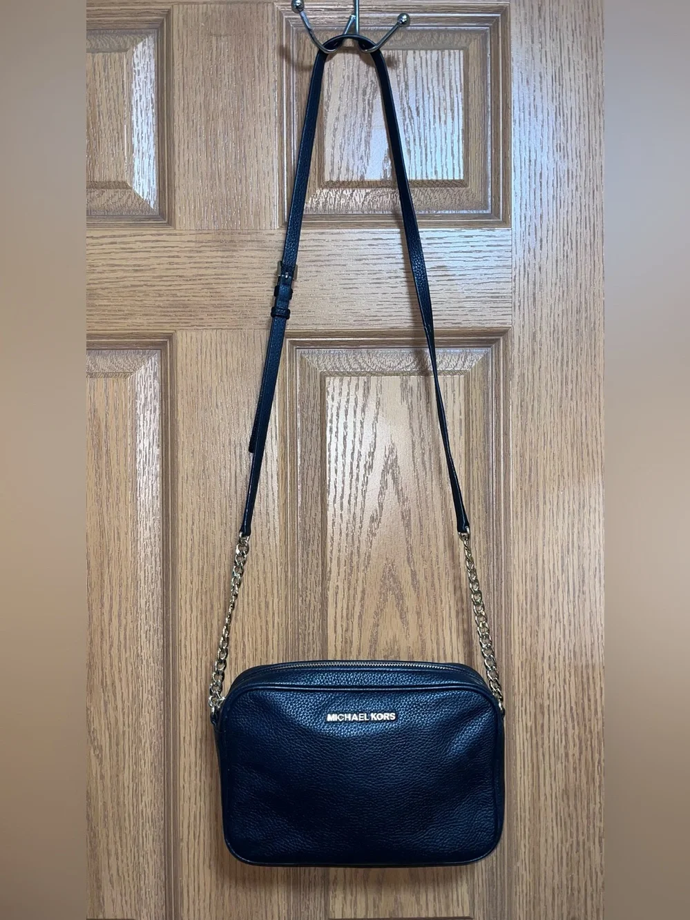 Michael Kors Black Pebbled Leather Crossbody with Gold Chain Strap